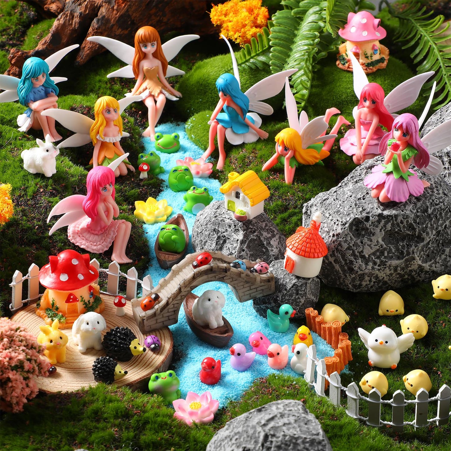 Seenelling 150 Pcs Fairy Garden Accessories Miniatures Figures Kit Micro Landscape Resin Mushroom Animals Fake Pond Lawn Bridge Garden Decoration