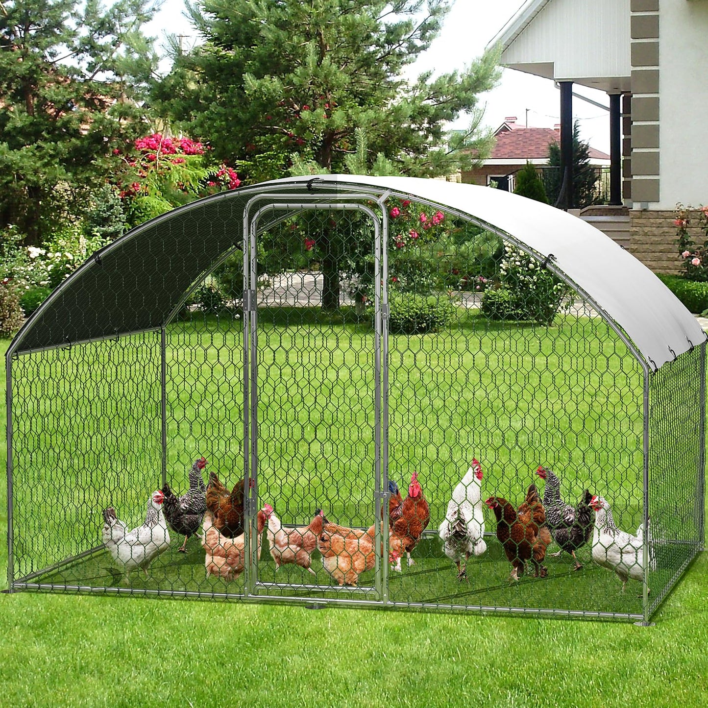 Large Metal Chicken Coop, Outdoor Chicken Runs for Yard with Cover,Large Chicken Run with Upgrade Tri-Supporting,Waterproof and UV-Resistant,Walk-in Poultry Cage for Farm Yard(9.8'l x 6.5'w x 6.5'h)