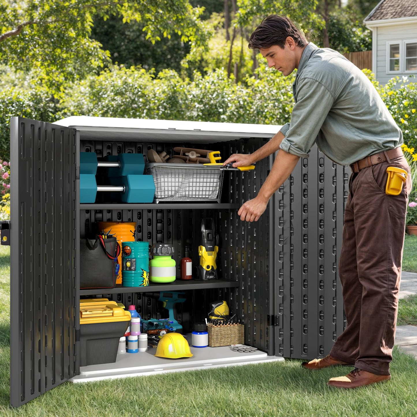 DWVO Outdoor Storage Cabinet with 2 Shelves, Waterproof Horizontal Plastic Storage Shed with Lockable Door, 15 cu. ft. Patio Tools Storage Box for Patio, Garden, Backyard, Deck, Dark Gray