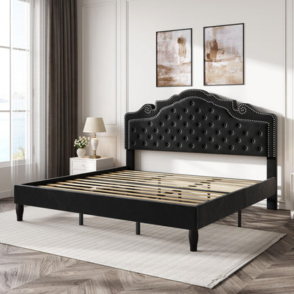 SHA CERLIN King Size Platfrom Bed Frame with Adjustable Headboard/Velvet Upholstered Diamond Button Tufted and Metal Studs/No Box Spring Needed/Easy Assembly/Wooden Slat Support/Black