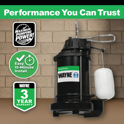 WAYNE CDU790-1/3 HP Submersible Cast Iron and Stainless Steel Sump Pump with Integrated Vertical Float Switch - Up to 4,600 Gallons Per Hour - Heavy Duty Basement Sump Pump, Black
