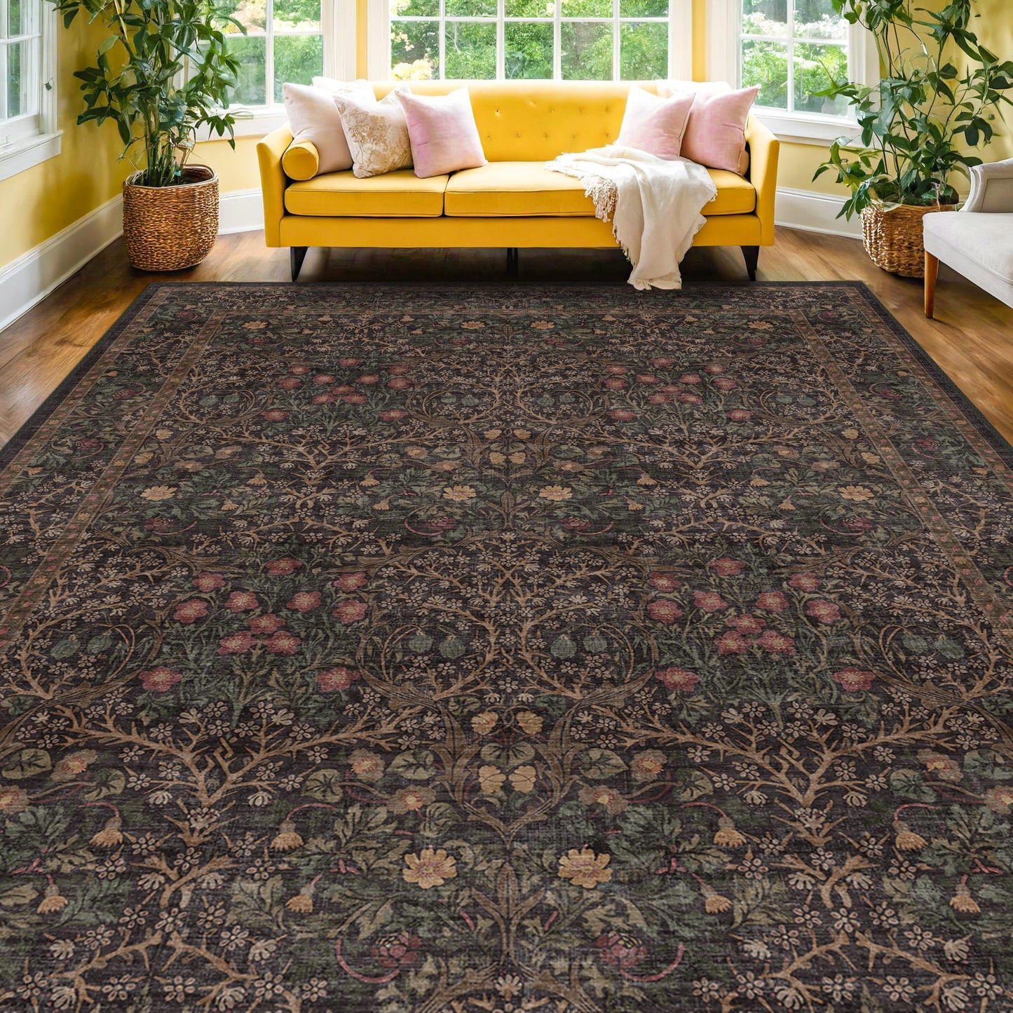 Washable Area Rugs 9x12 Living Room - Dark Brown Large Rug for Dining Room Under Table, Bedroom, Soft Low Pile Non-Slip Stain Resistant Carpet - Vintage Floral Plant Design