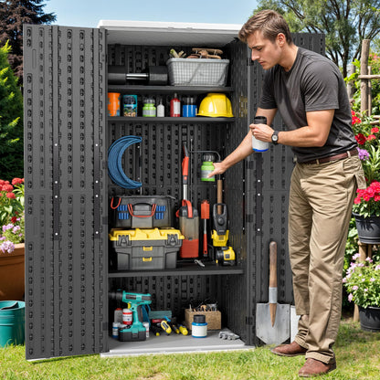 DWVO Outdoor Vertical Storage Cabinet with 4 Shelves, Waterproof Tall Plastic Storage Shed with 4 Adjustable Shelf, 30 cu. ft. Patio Tools Storage Box for Patio, Garden, Backyard, Deck, Dark Gray