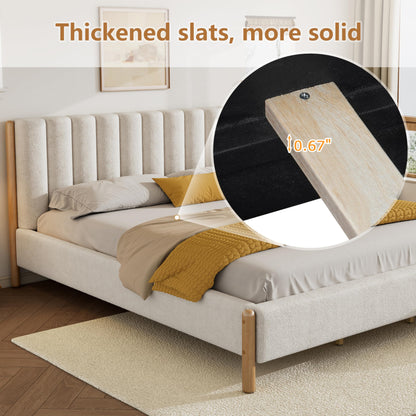 Merax King Size Bed Frame with Boucle Upholstered Thick Headboard, Solid Wooden Legs, No Box Spring Needed, for Bedroom Apartment, White