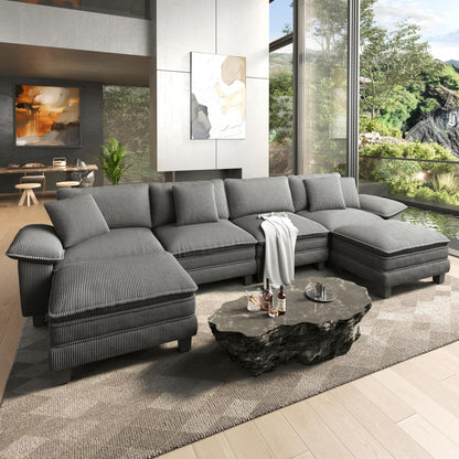 HERA'S HOUSE 158" Modular Sectional Sofa, Oversized U Shaped Couches for Living Room, Comfy Cloud Couch with Ottoman, 6-Seater Deep Seat Sofa with Throw Pillow, Corduroy Grey