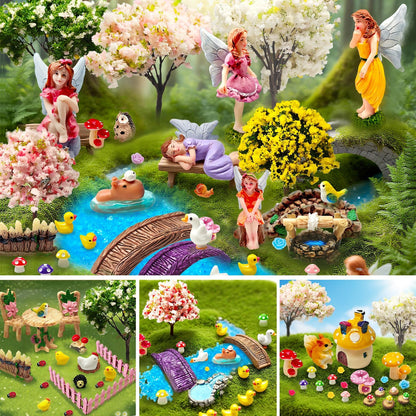 MTWENWENZY 114 Pcs Miniature Fairy Garden Accessories Kit Resin Elves Animal Figurines Decor Micro Landscape Ornaments for DIY Micro Dollhouse