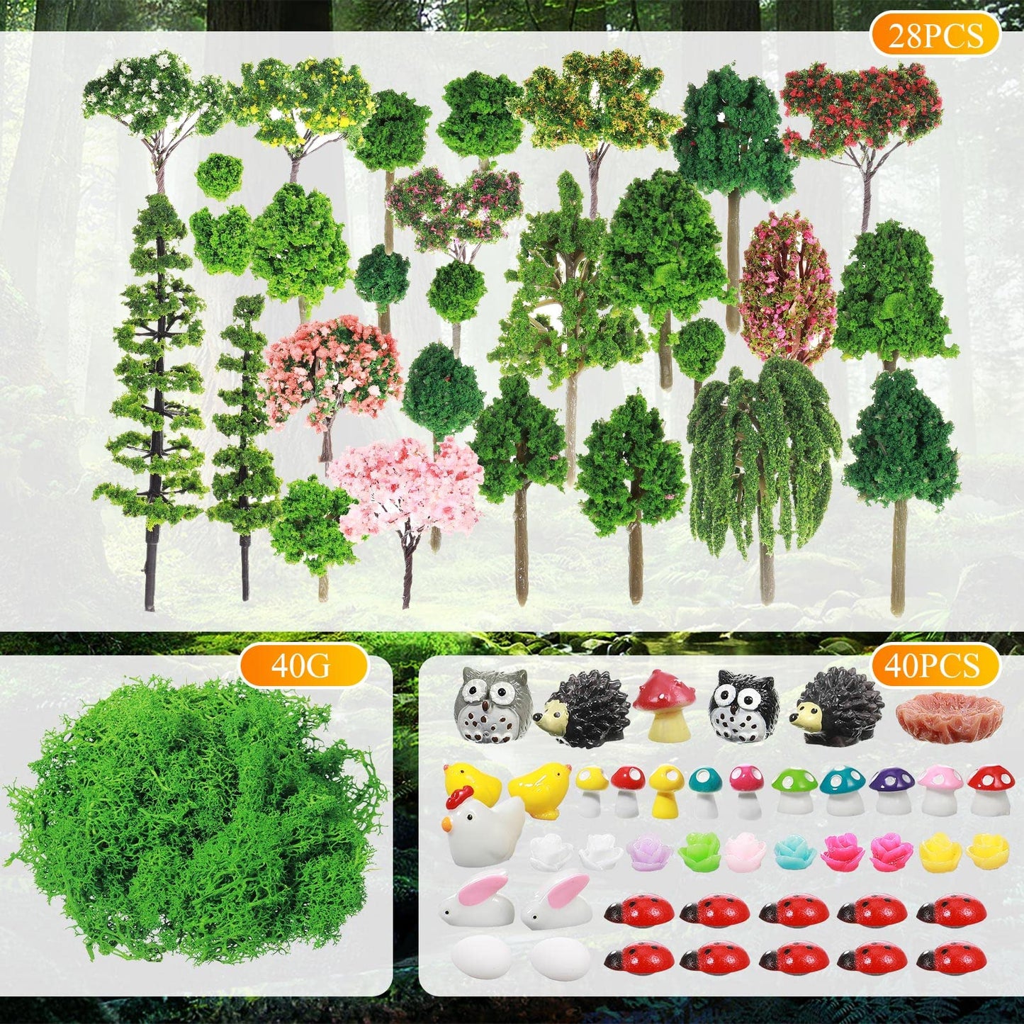 Hoteam 72 Pcs Miniature Garden Accessories Mini Moss Garden Animals Rabbit Owl Miniature Figurines Fake Diorama Trees Natural Outdoor Sheet for DIY Fairy Craft Decor
