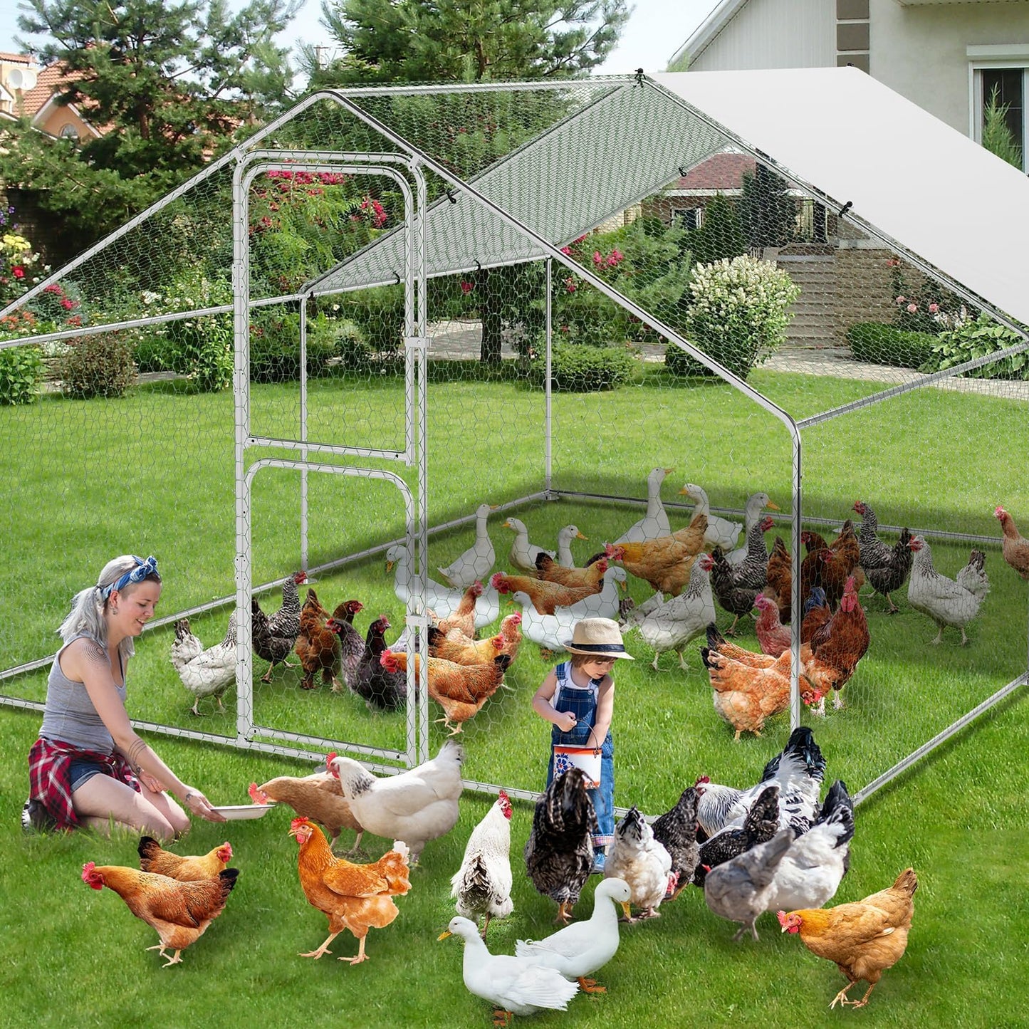 Large Metal Chicken Coop Run,Outdoor Walk-in Cage Peak Hen House with Waterproof and Anti-Uv Cover,Spire Roof Hen House with Security Lock for Outdoor and Backyard,Farm 9.8 x 13.1 x 6.6 ft