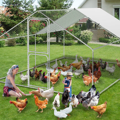 Large Metal Chicken Coop Run,Outdoor Walk-in Cage Peak Hen House with Waterproof and Anti-Uv Cover,Spire Roof Hen House with Security Lock for Outdoor and Backyard,Farm 9.8 x 13.1 x 6.6 ft