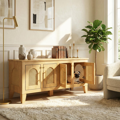 Christopher Knight Home Concun Large Dog Crate Furniture with Breathable Rattan Doors, Rubber Wood Kennel Indoor, Heavy Duty Dog Crate, Multifunctional 2-in-1 Living Room Storage Cabinet, Natural