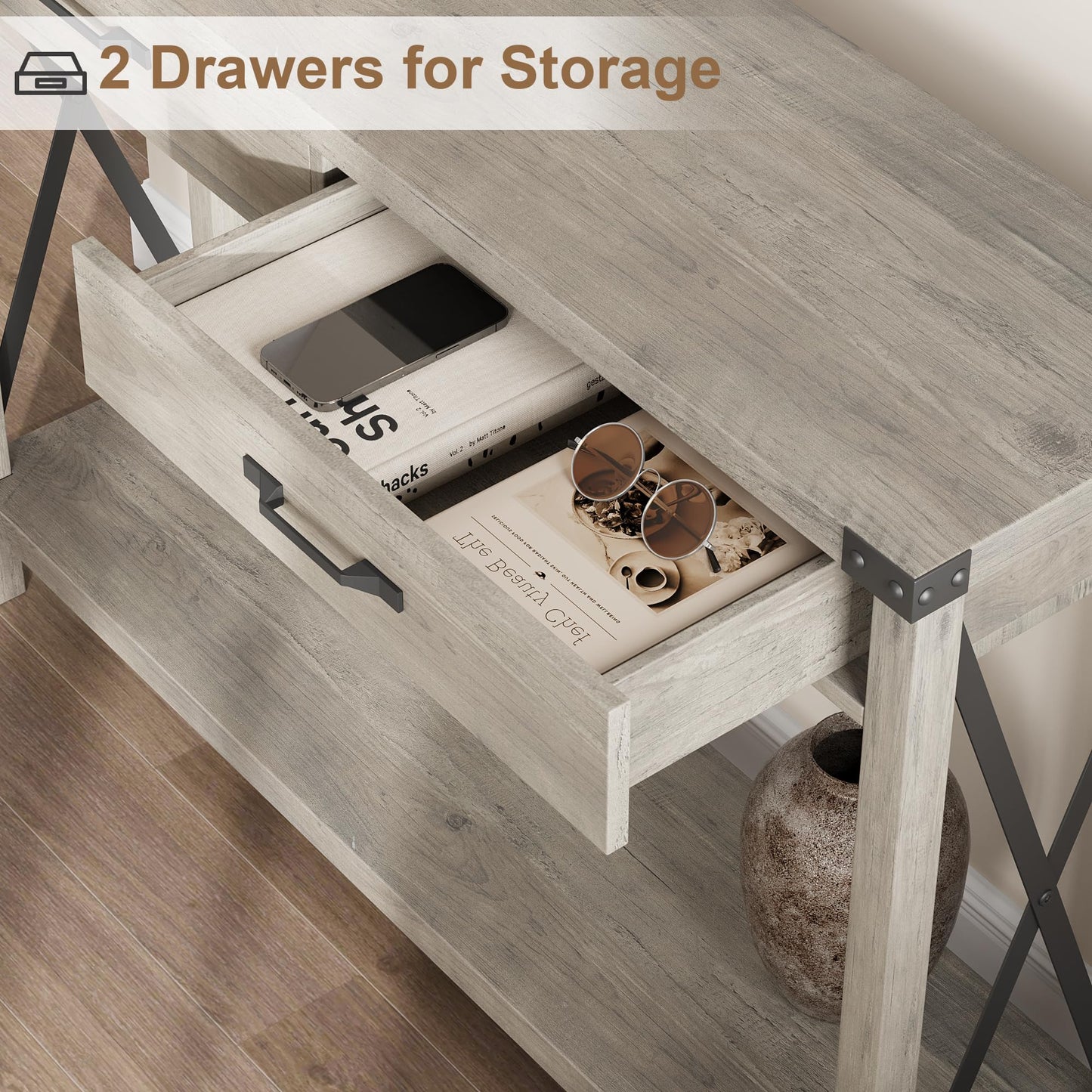 IDEALHOUSE Console Table with 2 Drawers, Farmhouse Entryway Table with Storage Shelf, Accent Wood Sofa Table for Living Room, Hallway, Foyer-Grey (WCT001)