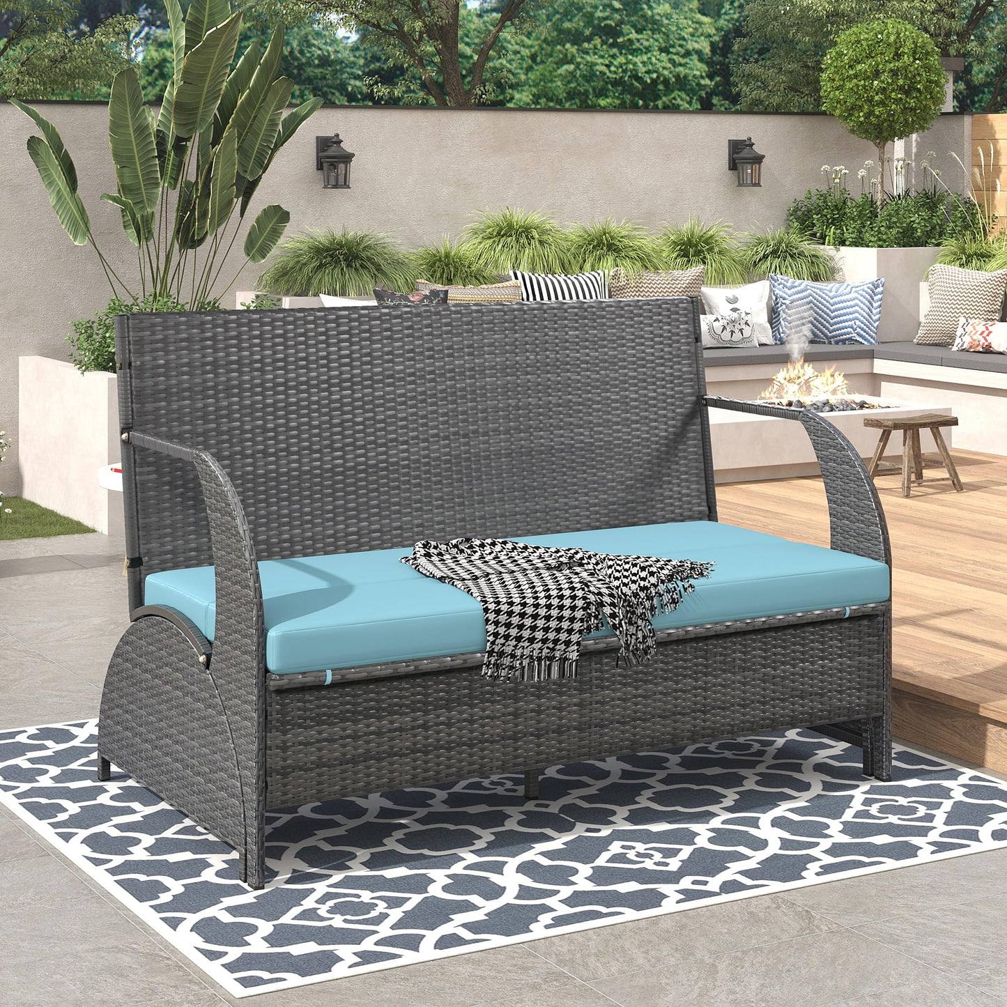 Llsmnba 2-in-1 Outdoor Convertible Bench to Picnic Table, Loveseat Sofa Set with Cushions, Patio Dining Furniture Set, Blue Cushion