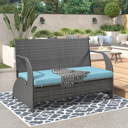 Llsmnba 2-in-1 Outdoor Convertible Bench to Picnic Table, Loveseat Sofa Set with Cushions, Patio Dining Furniture Set, Blue Cushion