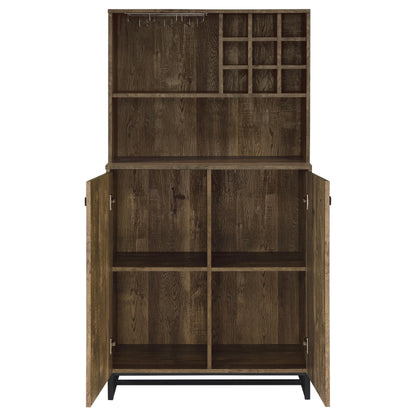 Coaster Home Furnishings - Mendoza - Wood & Metal 2-Door Home Bar Cabinet - Wine Storage with Herringbone Pattern & Stemware Rack - Farmhouse - Dining Room & Home Bar - Rustic Oak - 182082