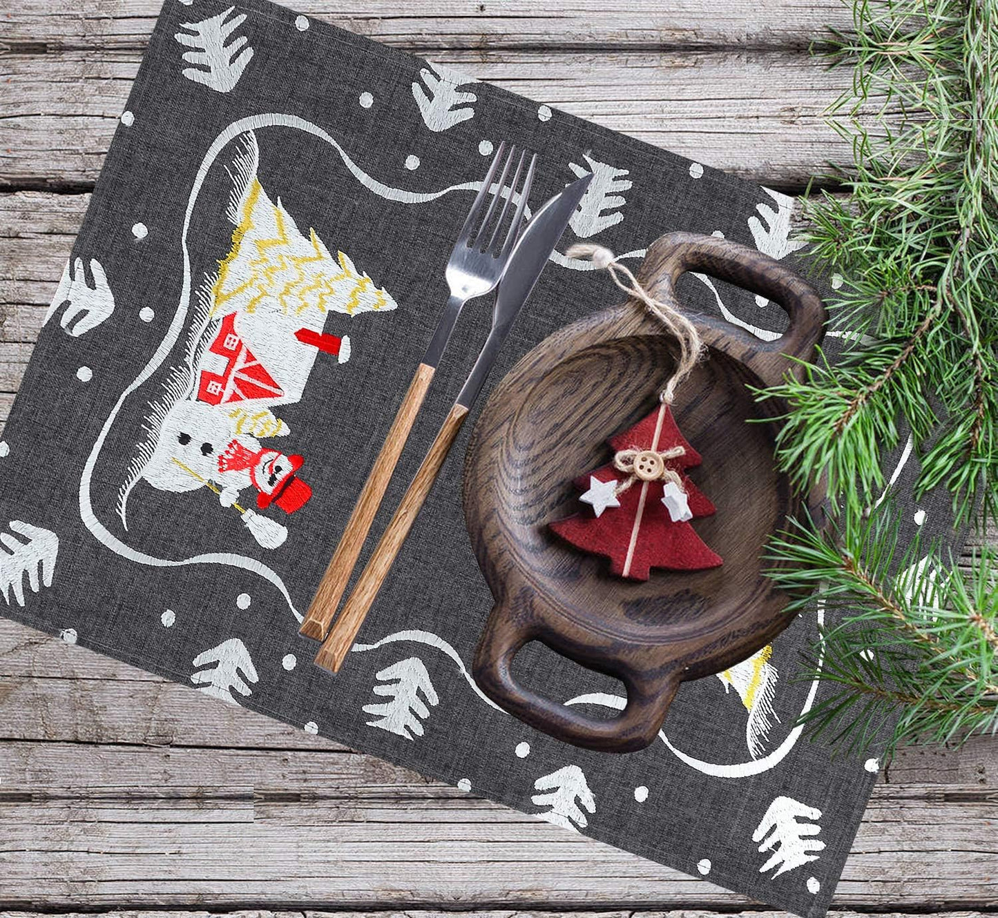Simhomsen Set of 6 Decorative Dark Gray Snowman Table Place Mats for Christmas Holidays (12 × 18 Inch)