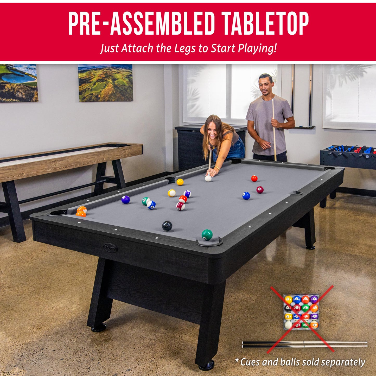 GoSports 8 ft Pool Tables with Wood Finish - Billiards Game Room Table for Adults & Family - Accessories Not Included - Gray