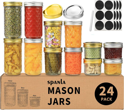 24 Pack 4 OZ 8, 8 OZ 8, 12 OZ 8 (4oz -8oz-12oz) SPANLA Mason Jars, Canning Jars With Regular Lids, Ideal for Jam