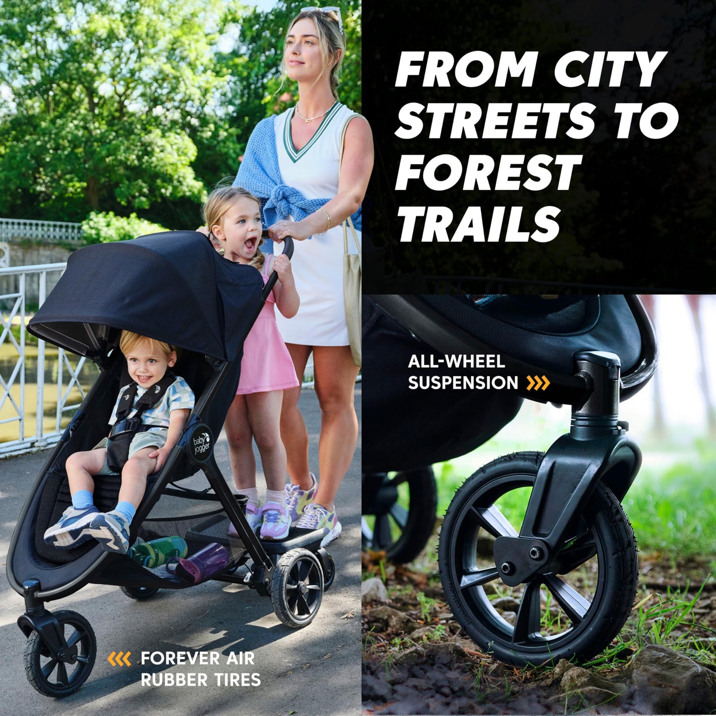 Baby Jogger® City Mini GT3 All Terrain Baby Stroller with Forever Air Rubber Tires, All Wheel Suspension, Lightweight Stroller with Magnetic Buckle, No-Rethread Harness, and Foot Brake, Rich Black