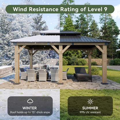 Aoxun 12' x 16' Outdoor Wood Gazebo, Hardtop Gazebo with Galvanized Steel Roof, Permanent Wooden Pavilion with Ceiling Fan, for Patio, Garden, Backyard, Cedar Wood, Grey