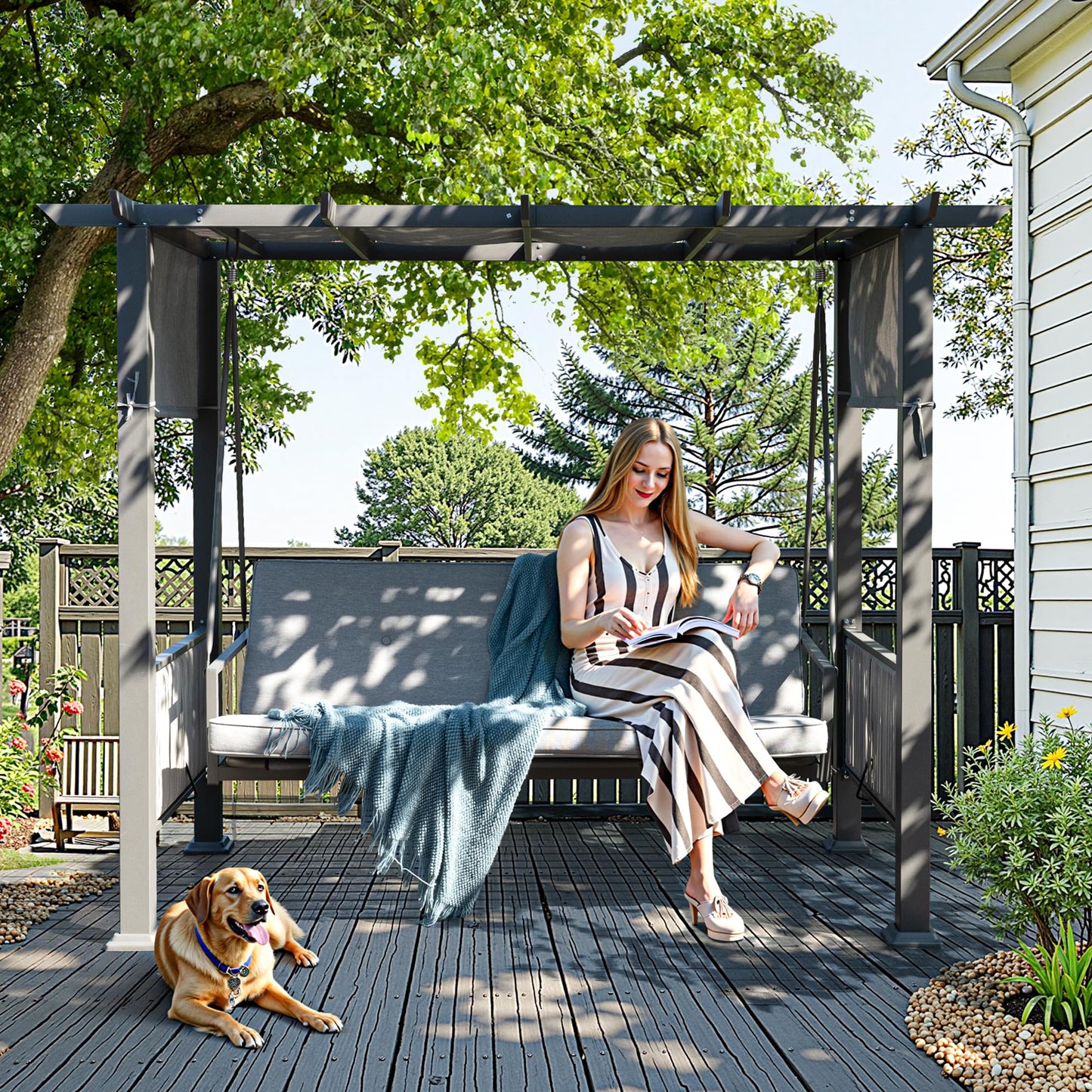 Pamapic 2-in-1 Convertible Porch Swing Bed, 3-Seat Elegant Patio Swing with Wicker Armrests, Outdoor Chair with Adjustable Canopy for Balcony, Garden, and Poolside, Gray