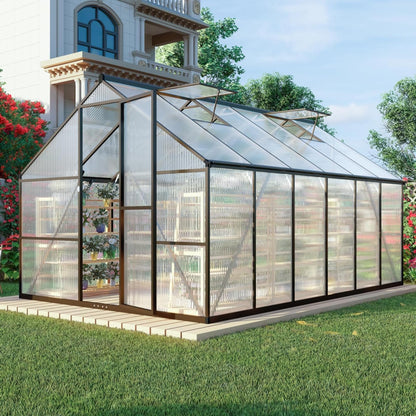 8x12 FT Greenhouse for Outdoors, Polycarbonate Greenhouse with Quick Setup Structure and Roof Vent, Aluminum Large Walk-in Green House for Outside Garden Backyard, Dark Gray