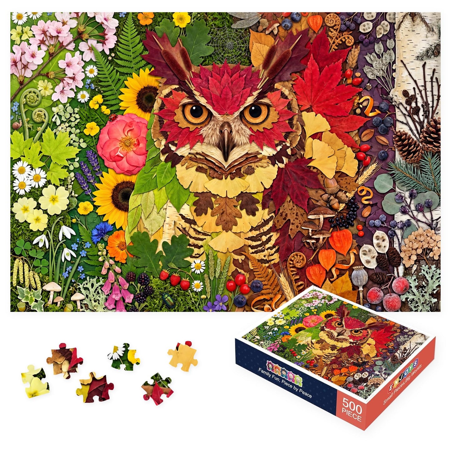 500 Piece Jigsaw Puzzle for Adults - Botanical Owl Four Seasons Pressed Flower Collage - Colorful Nature Art Style 20.5x15 in with Reference Poster - Unique Wall Art Gift