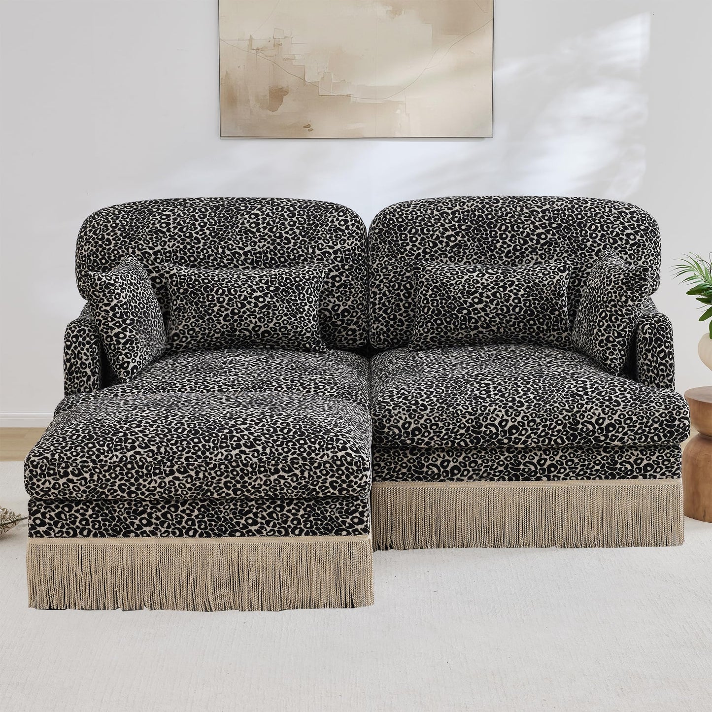 KEIKI 69.2" L Shaped Loveseat Sofa with Ottoman, Modular Chenille Leopard Print Couch with Tassel Trim, Deep Seat Sectional Sofa for Bedroom Lounge Setup
