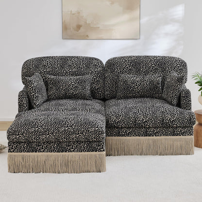 KEIKI 69.2" L Shaped Loveseat Sofa with Ottoman, Modular Chenille Leopard Print Couch with Tassel Trim, Deep Seat Sectional Sofa for Bedroom Lounge Setup