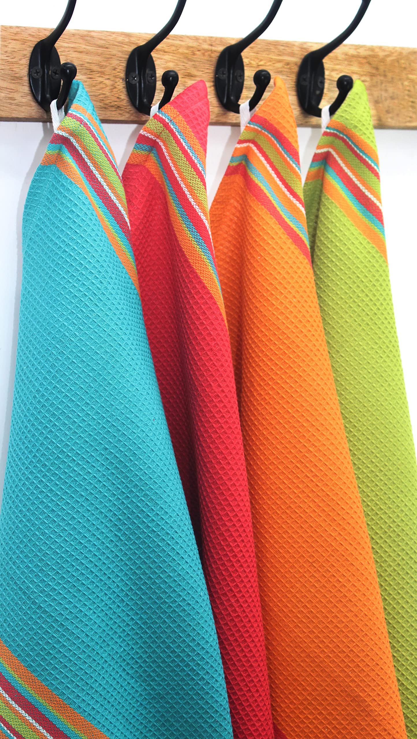 COTTON CRAFT Salsa Stripe Kitchen Towel - Set of 8 Pure Cotton Absorbent Waffle Weave Dish Towel Dish Cloth - Low Lint Reusable Drying Towels - Restaurant Bar Cleaning Kitchen Hand Towel -16x28 Multi
