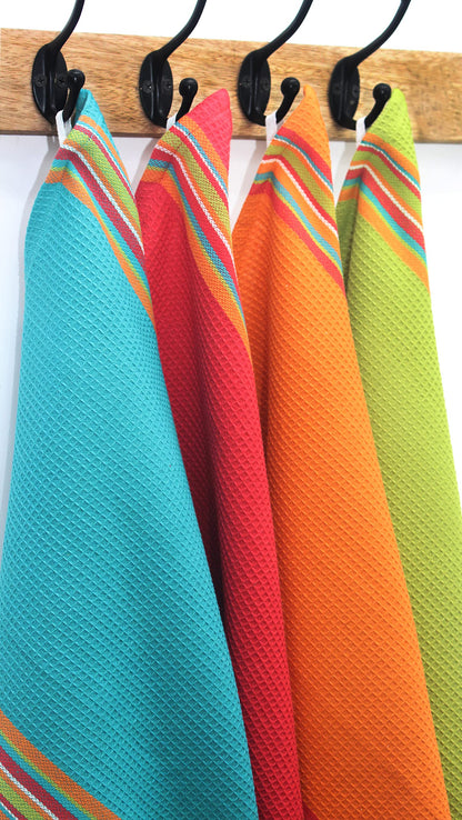 COTTON CRAFT Salsa Stripe Kitchen Towel - Set of 8 Pure Cotton Absorbent Waffle Weave Dish Towel Dish Cloth - Low Lint Reusable Drying Towels - Restaurant Bar Cleaning Kitchen Hand Towel -16x28 Multi