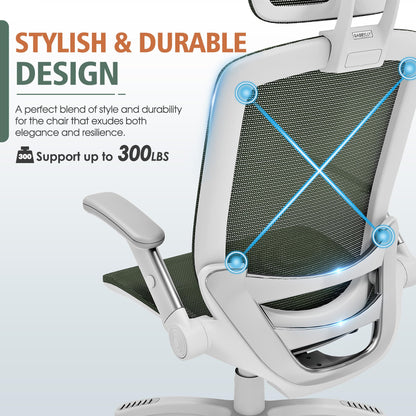 GABRYLLY Ergonomic Office Chair, High Back Home Desk Chair with Headrest, Flip-Up Arms, 90-120° Tilt Lock and Wide Cushion, 300LBS Mesh Chairs for Man Woman, White Task Chair(Olive Green,GY01WOG)