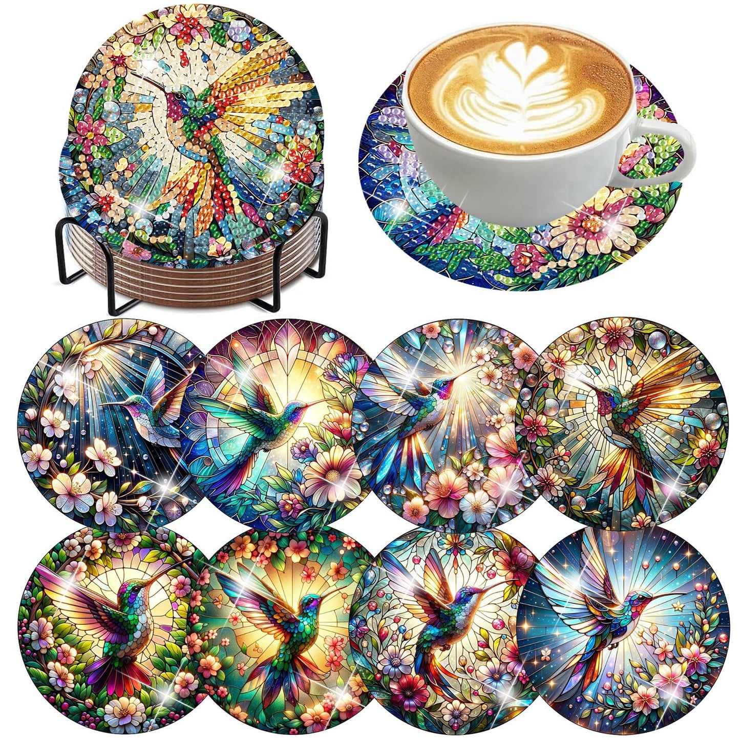 Axquilon Diamond Art Coasters Kit for Adults, 8 Pcs Hummingbirds Diamond Painting Coasters Kit with Holder, DIY Non Slip Art Supplies 4x4in