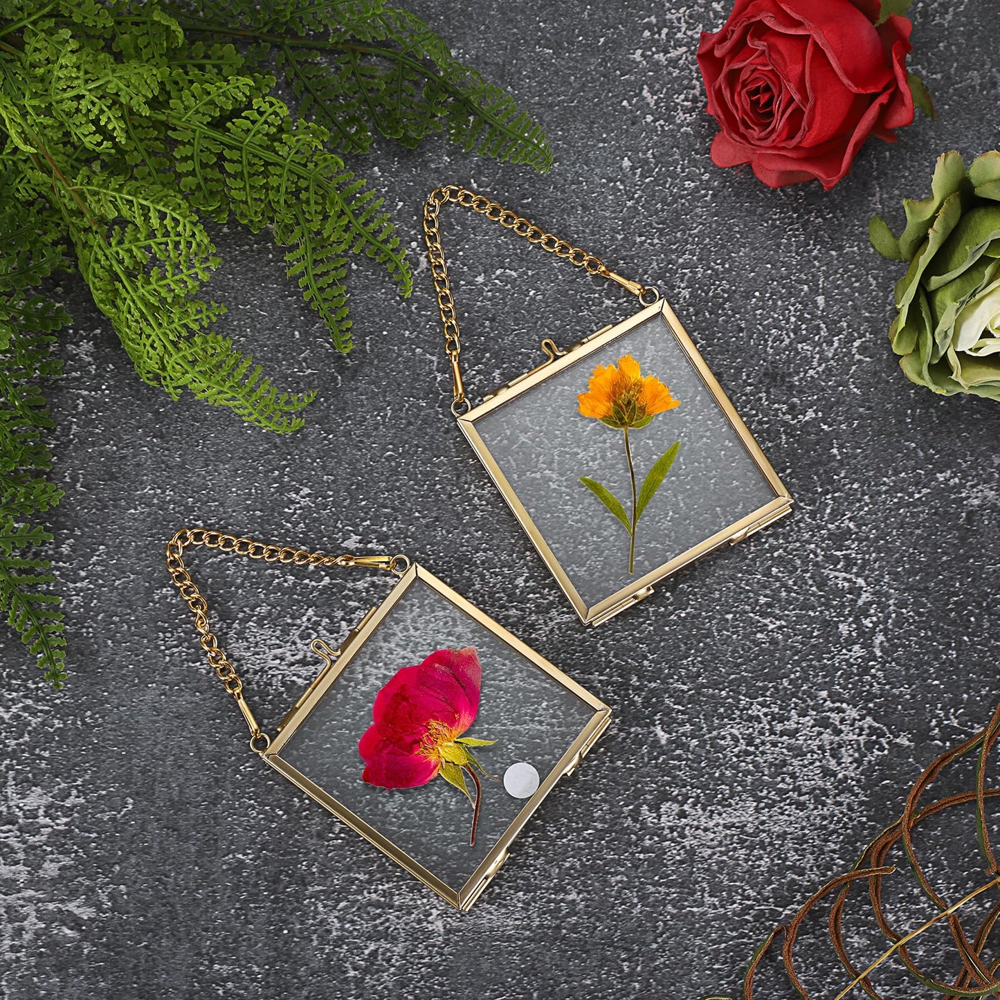 JUXYES 4 Pack Wall Hanging Mini Brass Frames for Pressed Flowers Art, Square Glass Hanging Dried Flowerss Artwork Display Frame, Double Glass Floating Style Gallery Wall Frame for Picture, Pressed Flower, etc