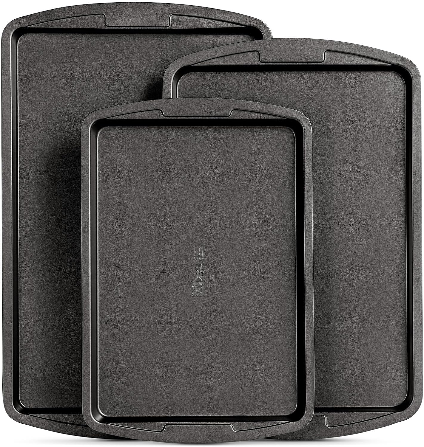 Bakken Swiss Cookie Sheet 3 Piece Set, Non-Stick Stackable Baking Pans with Gray Deluxe Ceramic Coating, Dishwasher Safe