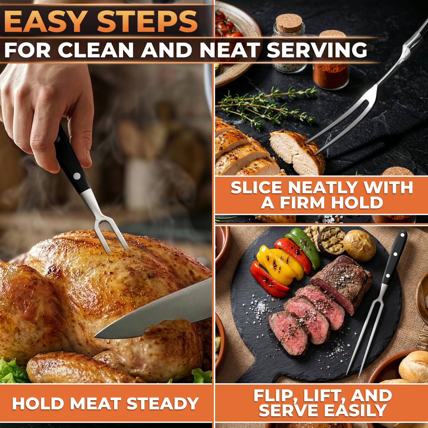 2 Pcs Carving Fork for Meat 11,8 inch - Stainless Steel Meat Fork with Heat-Resistant Handle for Grilling, Cooking, Serving - Straight and Curved Carving Utensils with Classic Two-Prong BBQ Design