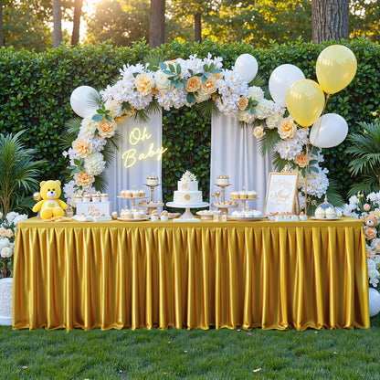Dark Gold Satin Glitter Tablecloth for Rectangle Tables 6ft,Wrinkle Resistant Ruffles Shimmer Party Table Skirt,Washable 6FT Rectangle Table Cloth Skirt For Birthday,Baby Show,Party,Wedding,Banquet