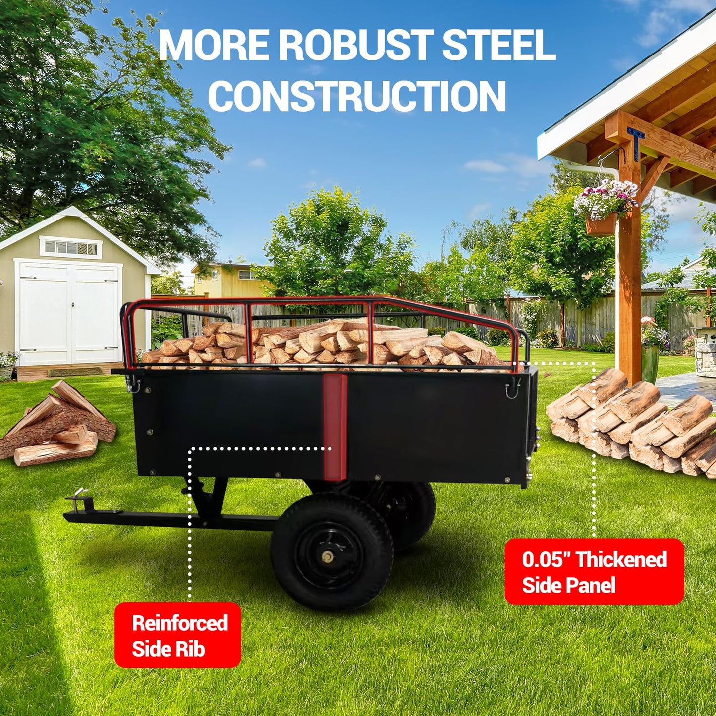 Heavy Duty Utility Dump Cart – 9000 Lbs Capacity, 15 Cu.ft Steel Trailer with Removable Sides, All-Terrain Wheels, Compatible with ATV/UTV/Lawn Tractor, Ideal for Garden, Yard, Hauling