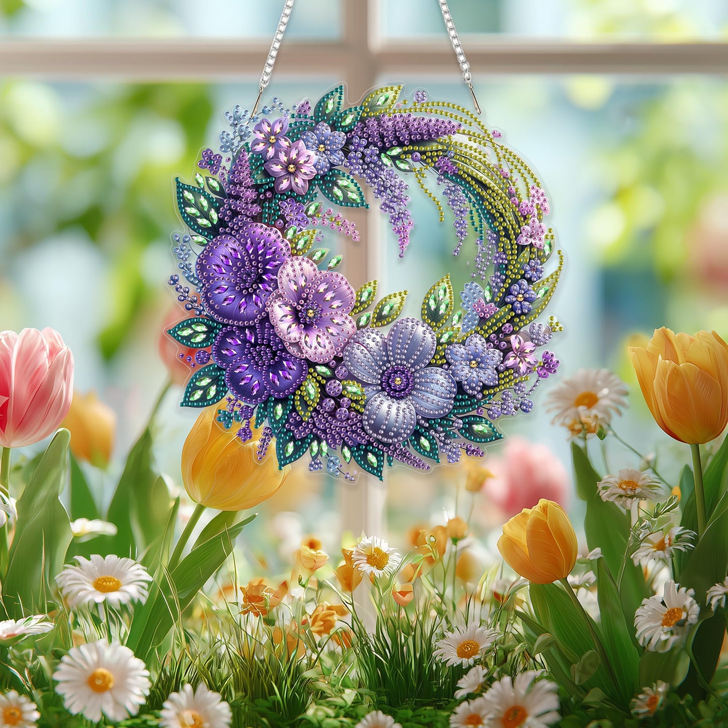 Eiflow Spring Diamond Art Hanging Kit for Adults, DIY Diamonds Painting Door Hanging Board Kit, Special Crystal Diamond Art Painting Pendant Ornament (Flower Wreath)