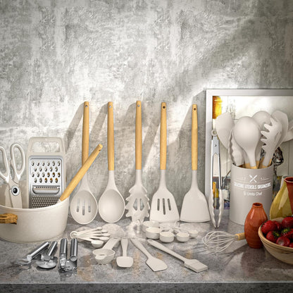 Umite Chef Silicone Kitchen Utensil Set, 34PCS Heat Resistant Gadgets with Grater, Wood Handles