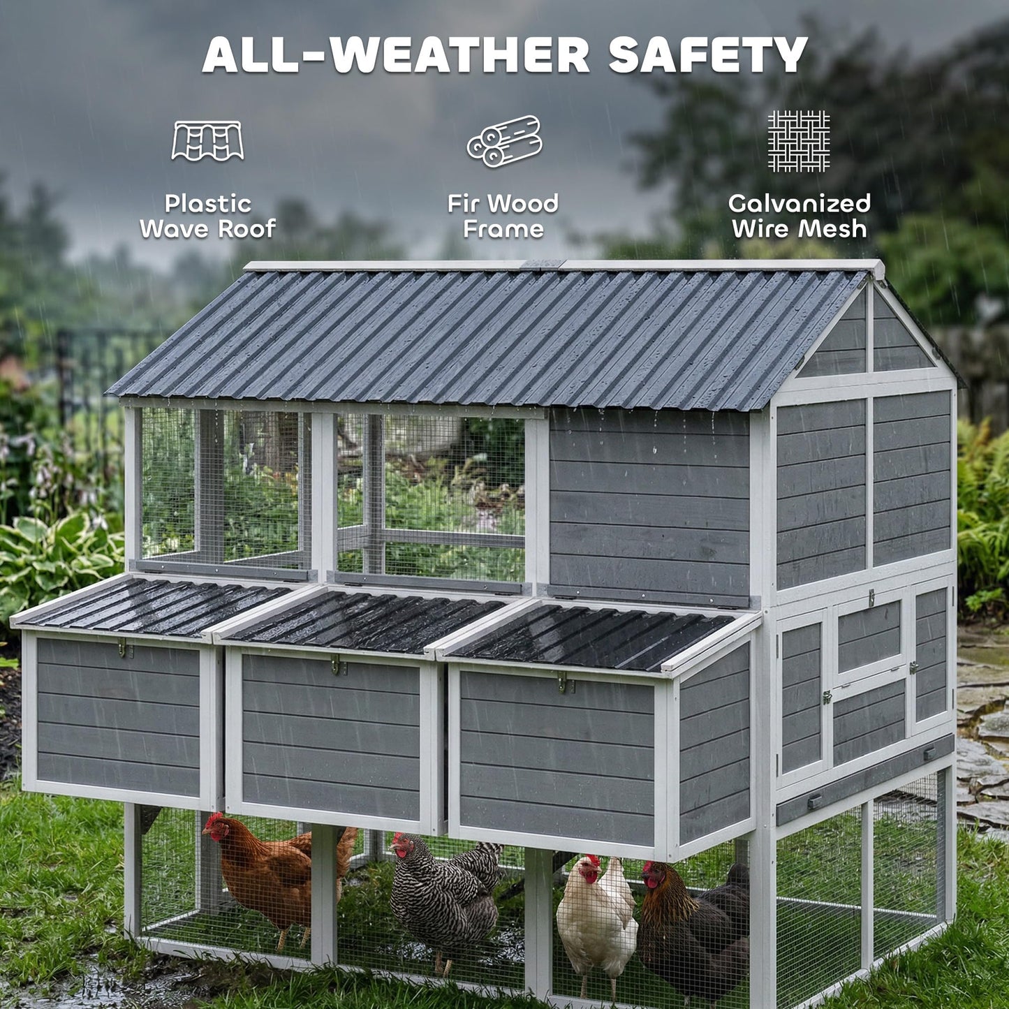 PawHut 77" Large Chicken Coop for 6-8 Chickens, Outdoor Wooden Hen House Poultry Cage with Run, 3 Nesting Boxes, Waterproof Roof, Removable Tray, Ramp for Farm Backyard, Gray
