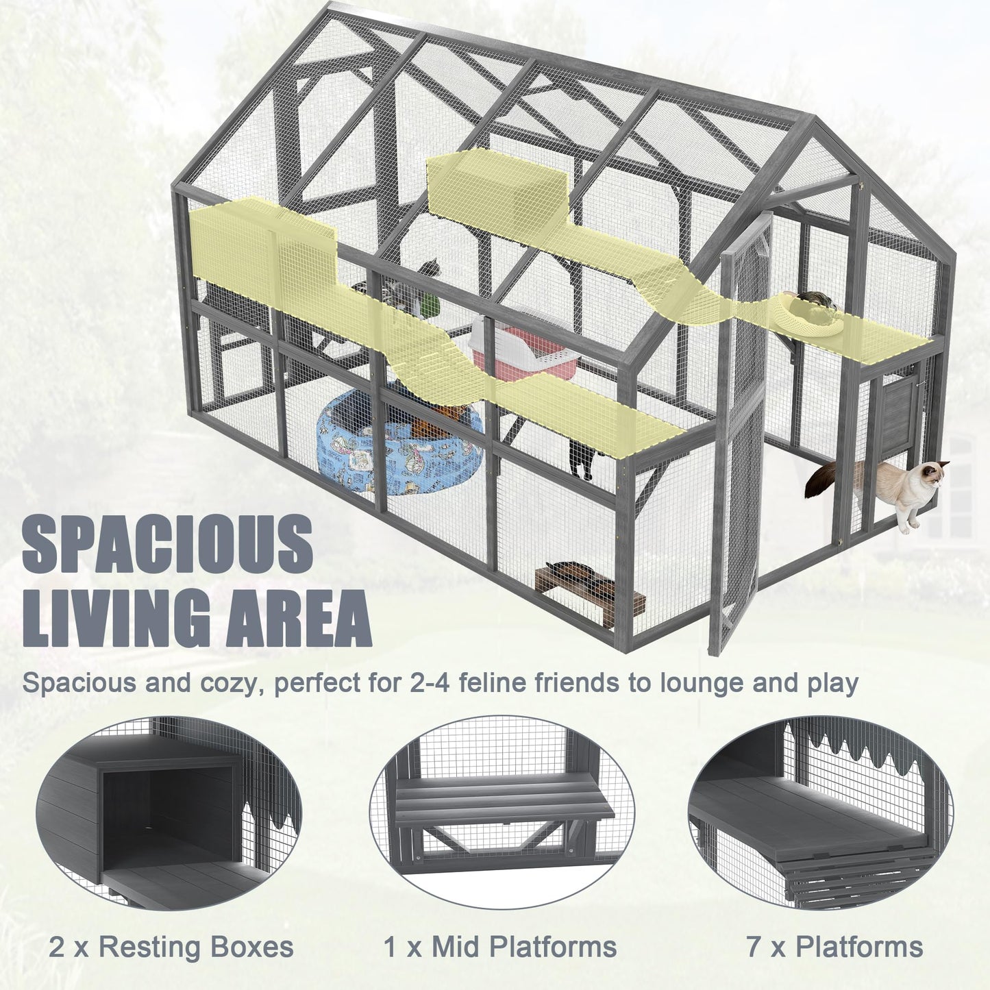 KEIKI 110" Large Outdoor Cat Enclosure for Multiple Cats, Weatherproof Wooden Catio with 7 Platforms, 2 Resting Boxes, 2 Bridges & Canopy, Secure Outdoor Cat House, Gray