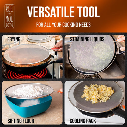 Roe & Moe Splatter Screens - Stainless Steel Splatter Screens for Frying Pan with Insulated Handles - Grease Splatter Guards For Frying Pan that Lets You Create Masterpieces with Ease (Pack of 3)