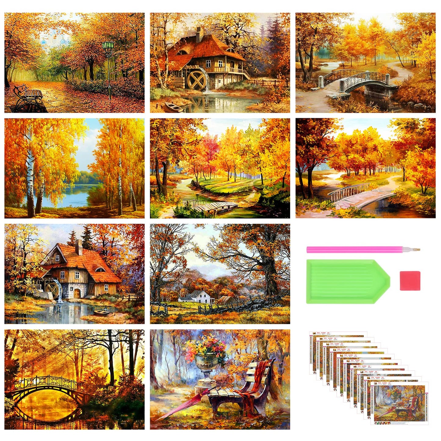 Stalente 10 Pack Diamond Painting Kits for Adults, Landscape Autumn Round Full Drill Diamond Art Kits, 5D DIY Paint with Diamonds Crafts for Home Wall Decoration Gifts 12×16 Inch