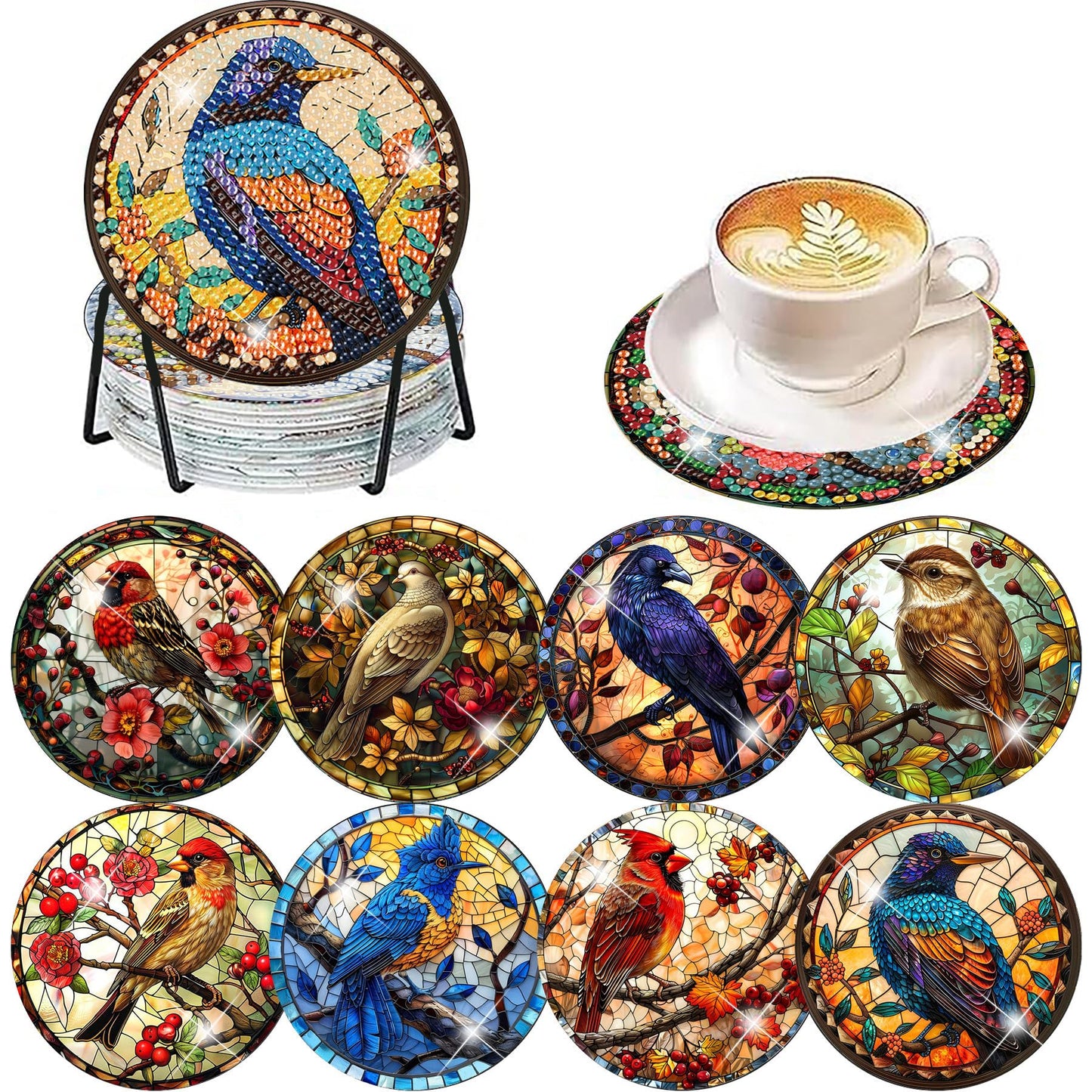 Axquilon Birds Diamond Art Coasters Kit for Adults, 8 Pcs Diamond Painting Coasters Kit with Holder, DIY Non Slip Art Supplies 4x4in