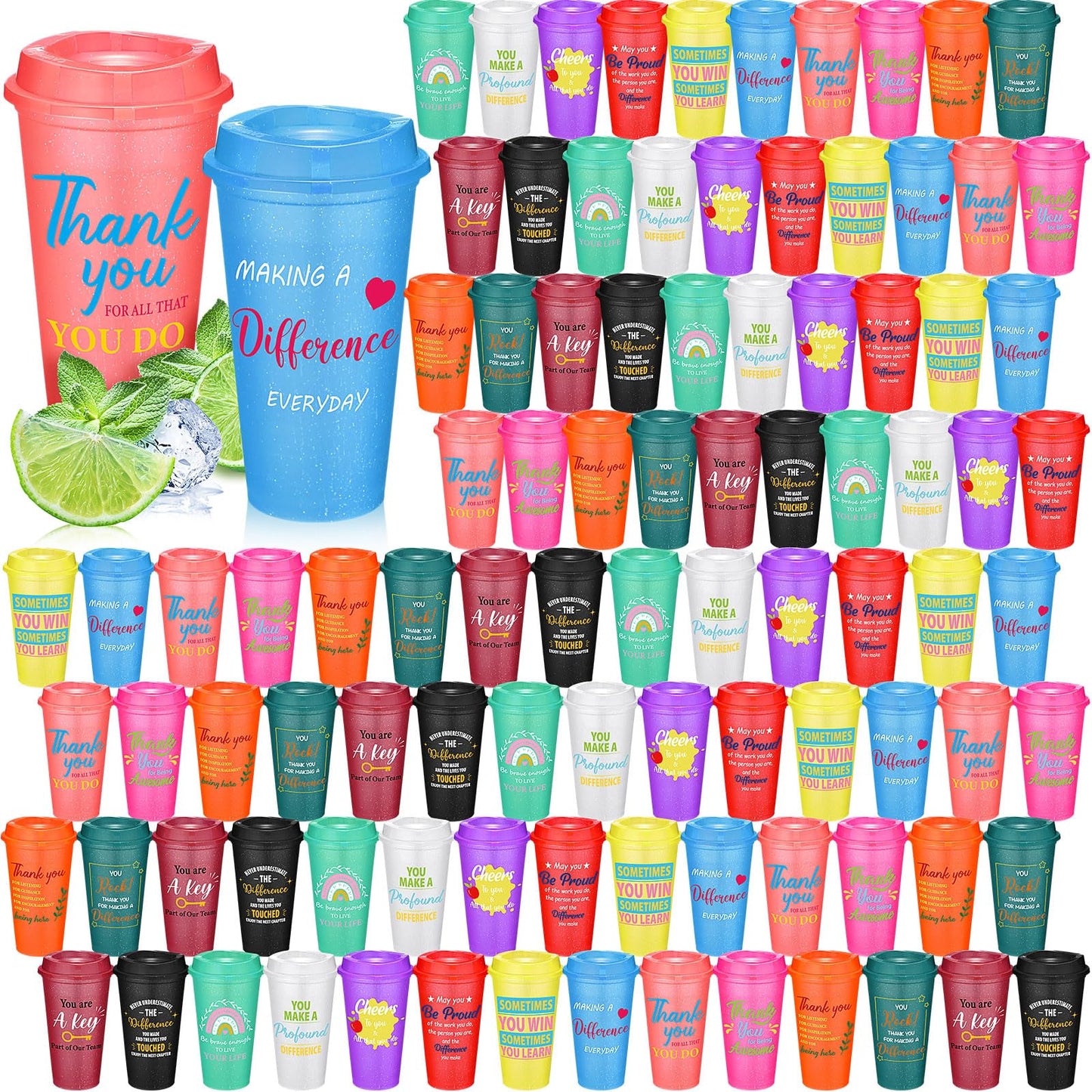 Skylety 96 Pack Employee Appreciation Coffee Cups with Lids 16 oz Reusable Plastic Tumblers Thank You Teacher Appreciation Gifts Bulk for Staff Coworkers Volunteers Nurses Office Team Recognition