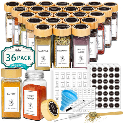 Aliggbent Spice Jars with Lable, 36 Pcs 4 oz Glass Spice Jars with Bamboo Lids, Spice Containers Bottles, Glass Seasoning Jars with Shaker Lids, Collapsible Funnel, for Spice Racks, Pantry,Cupboard