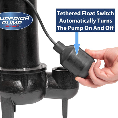 Superior Pump 93015-U Cast Iron Tethered Float Switch Sewage Pump with Basin Kit, 1/2 HP, Black