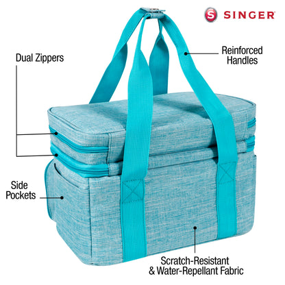 SINGER Sewing Accessories Organizer (Bag Only) – Double Layer Portable Sewing Storage Bag | 2 Detachable Pouches and 18 Compartments, Large Sewing Supplies & Crafting Carry-all (Teal)