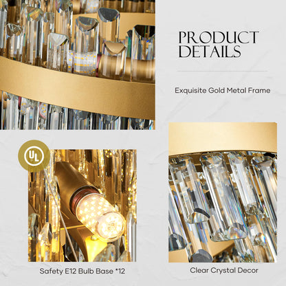 lighceac 21.7" Gold Modern Crystal Chandelier Light Fixtures Luxury 2 Rings Crystal Chandeliers for Dining Room 12-Light Round Hanging Pendant Lighting for Living Room Kitchen Island Entryway Bedroom