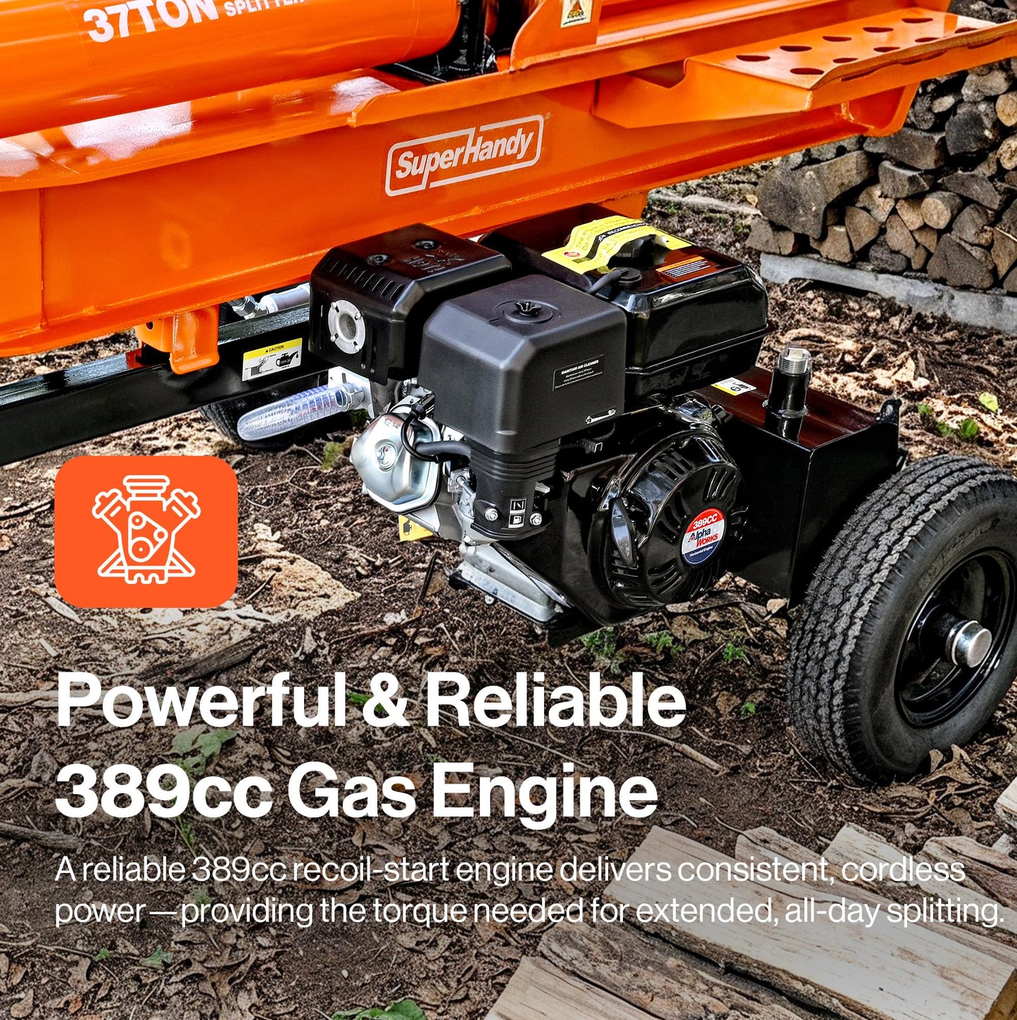 Superhandy 37 Ton 389 cc Gas Powered Full Beam Log Splitter w/Vertical/Horizontal Operation and Auto Return Valve, Towable with 2'' Ball Coupler